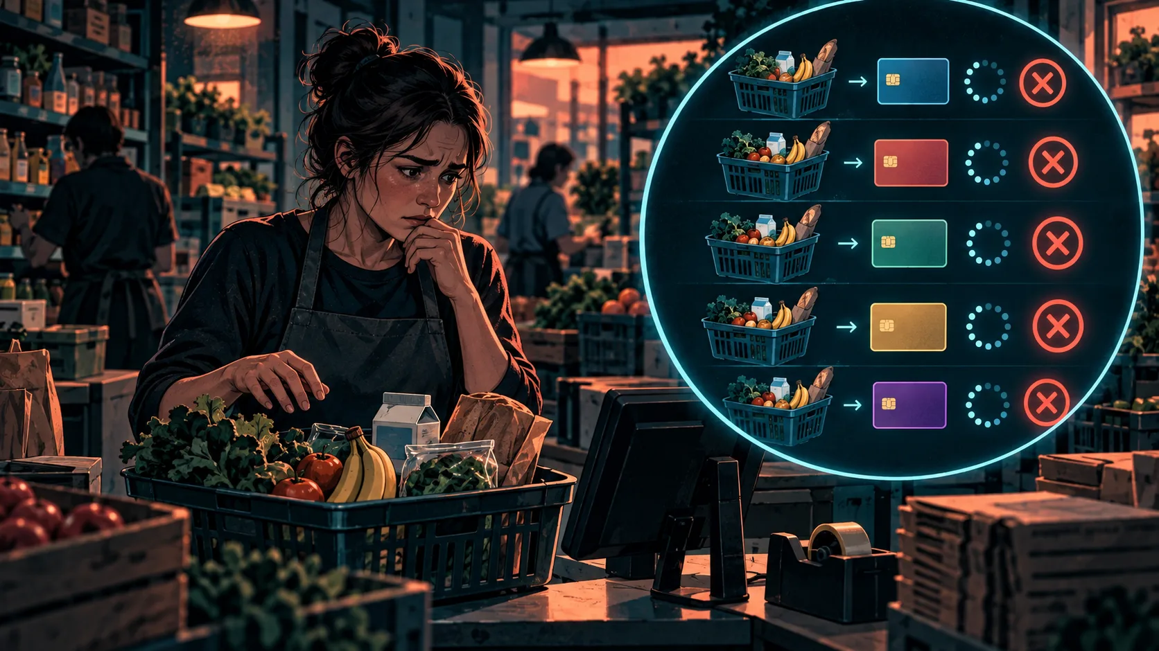 A grocery worker pauses packing an online order while an enlarged checkout view shows repeated payment attempts using different cards.