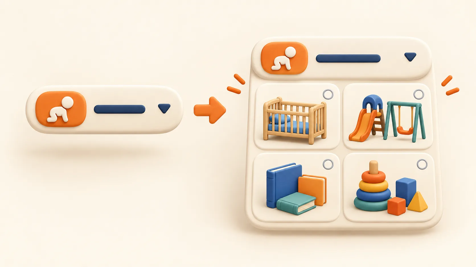 A baby-related search filter expands to reveal options for cribs, playgrounds, children's books and toys.