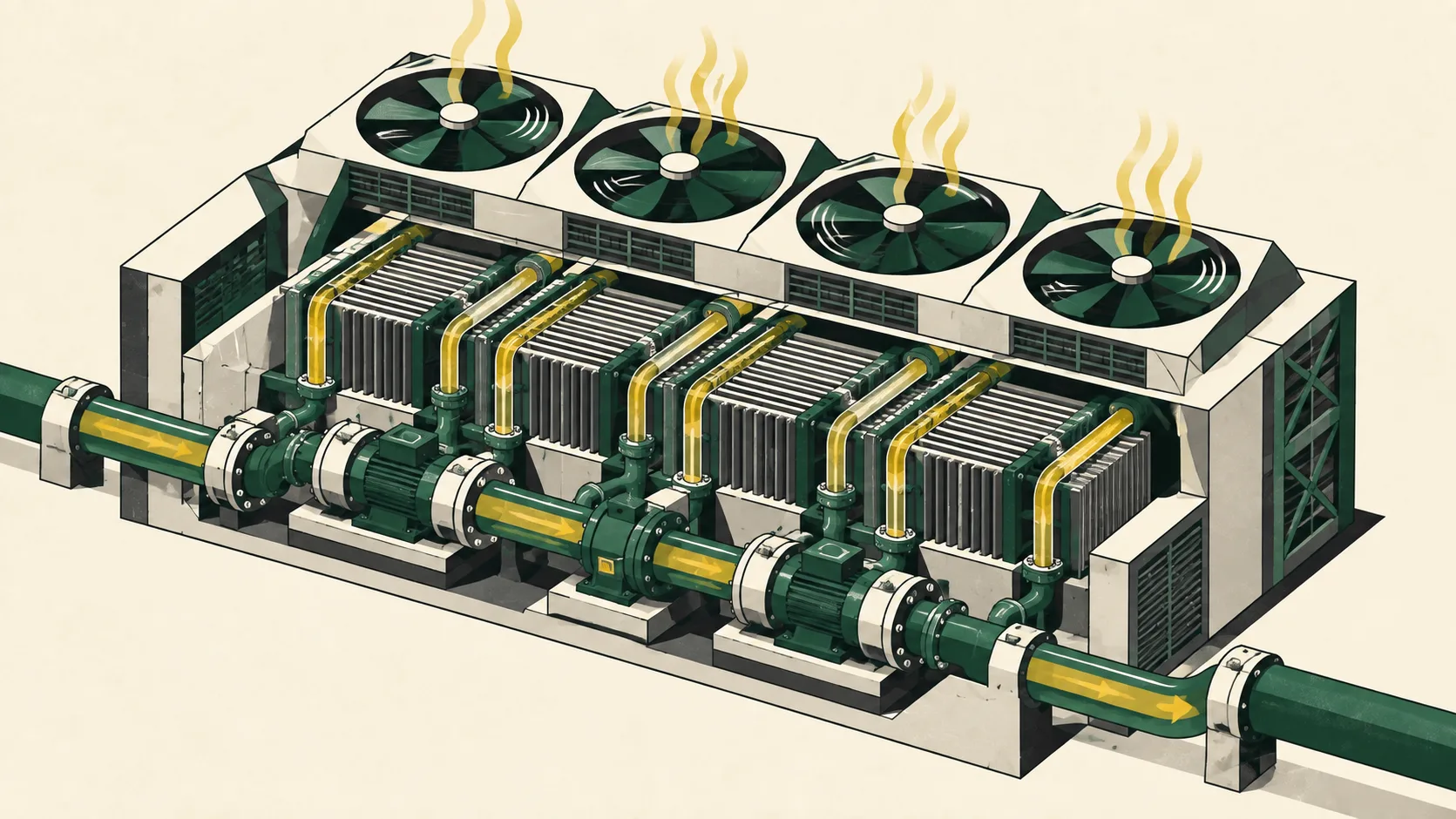 A large industrial cooling system circulates coolant through dense machinery, illustrating the infrastructure required to operate advanced AI models.