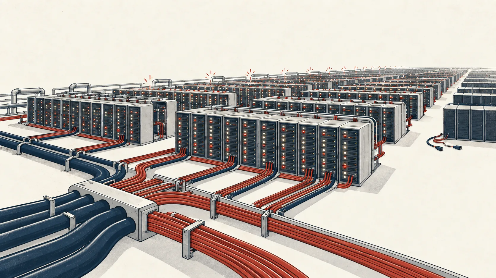 Thick power and data cables connect banks of computing racks, with newly connected servers lighting up across an expanding installation.