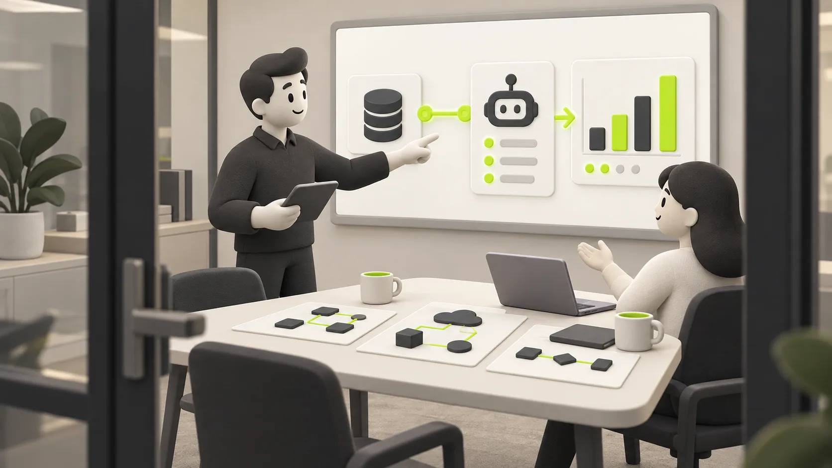 A consultant guides an enterprise software team through deploying an AI assistant, with a successful data connection projected on the wall.