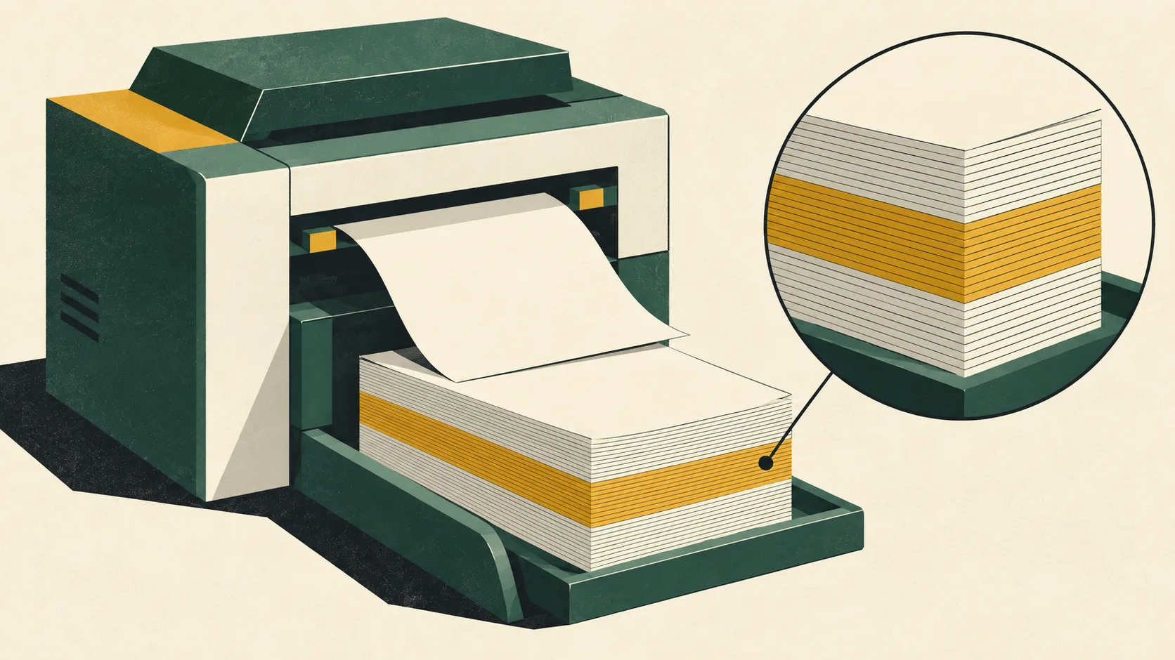 A printer produces a thick regulatory filing; an enlarged detail shows the technology risk section occupying nearly a third of its pages.