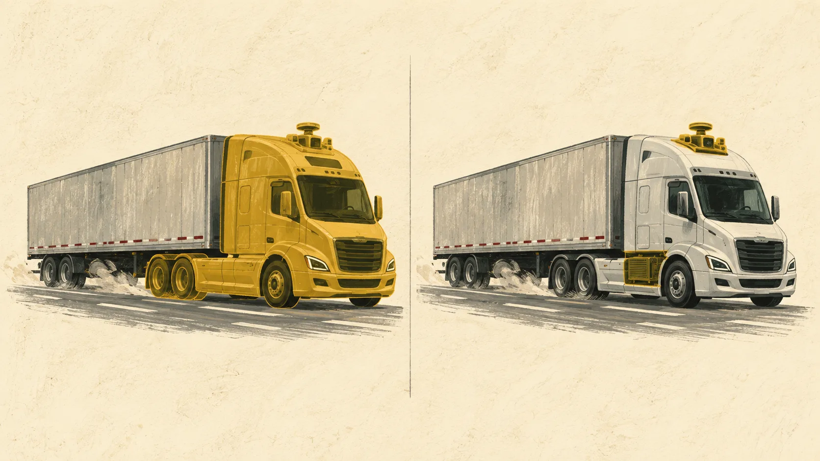 Two autonomous trucks haul freight, comparing whole-truck service with a customer-owned truck whose autonomous driving hardware is supplied separately.