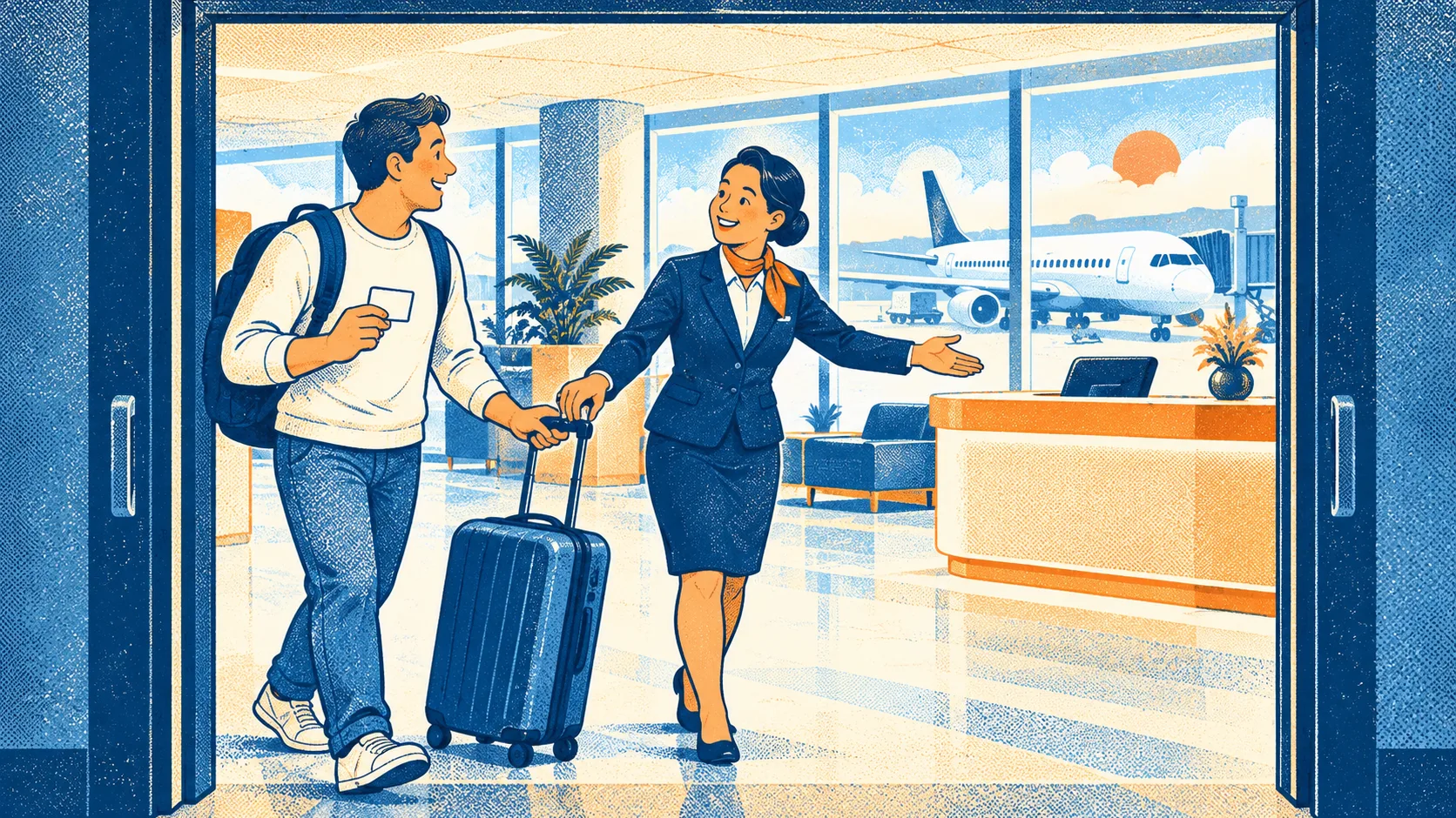 An airport attendant takes a traveler's suitcase and guides them toward a premium service desk while the traveler holds a membership card.