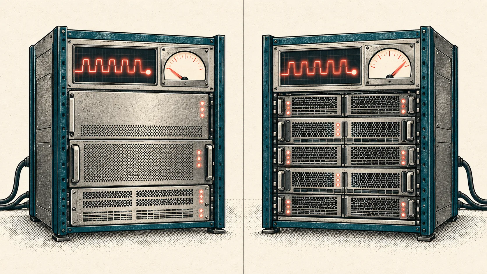 Two inference servers complete matching workloads while power meters show lower electricity consumption for one system.