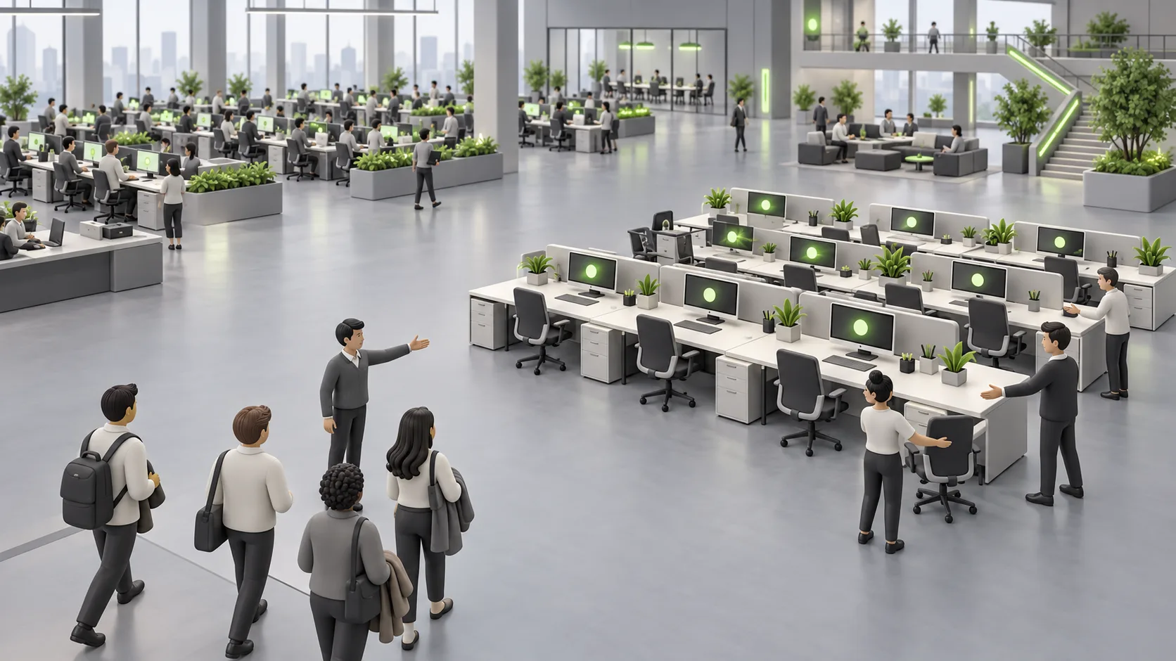 Employees welcome new colleagues into an expanding office, with occupied desks stretching across the floor and additional workstations being prepared.