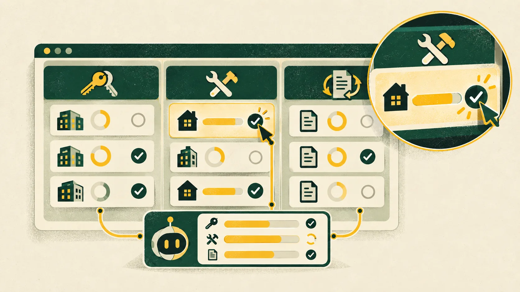 An embedded AI assistant updates apartment management tasks across leasing, maintenance, and renewals within a single software workspace.