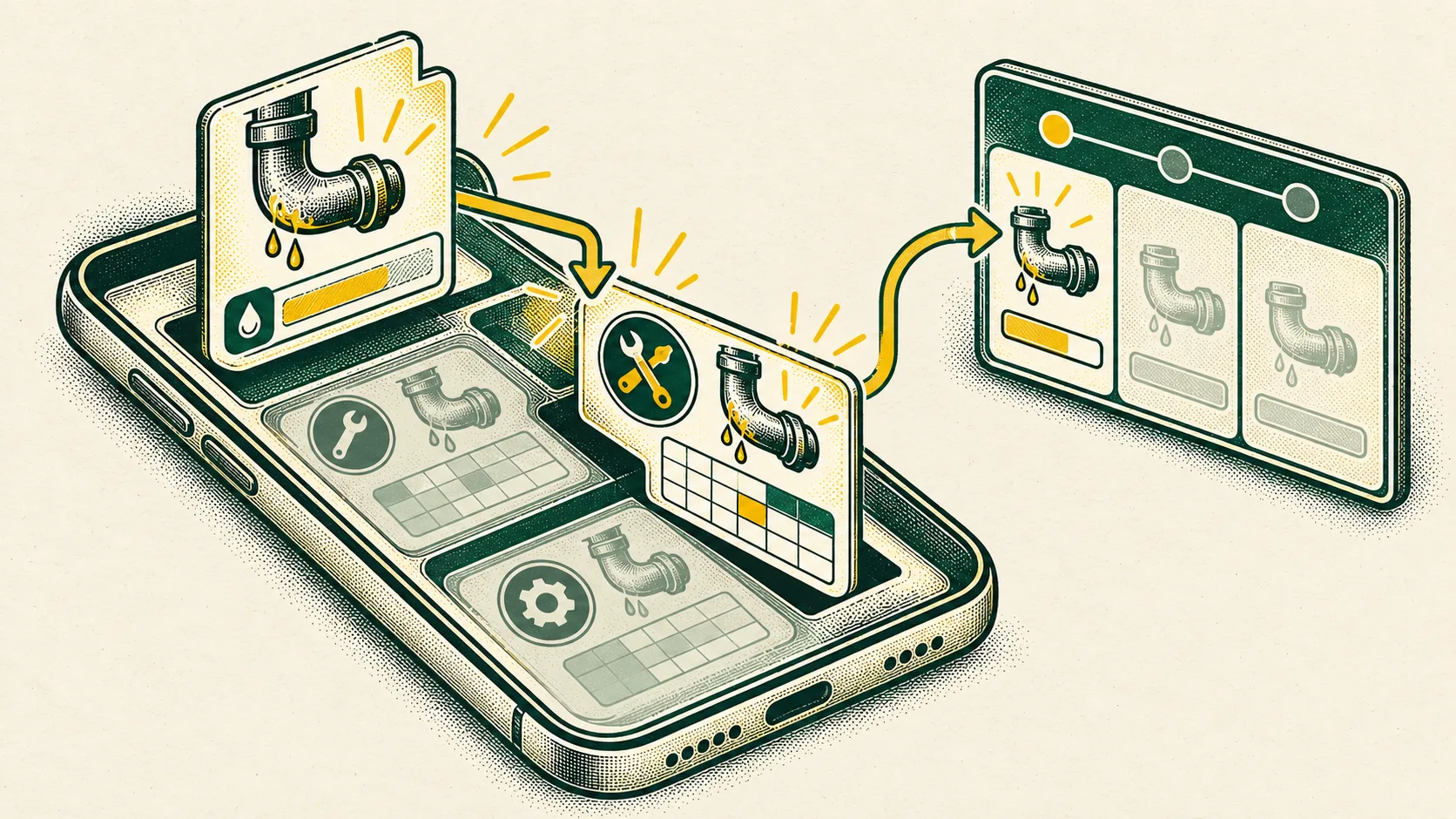 A maintenance app assigns a plumbing repair to an available technician with matching skills and updates a property manager’s progress dashboard.