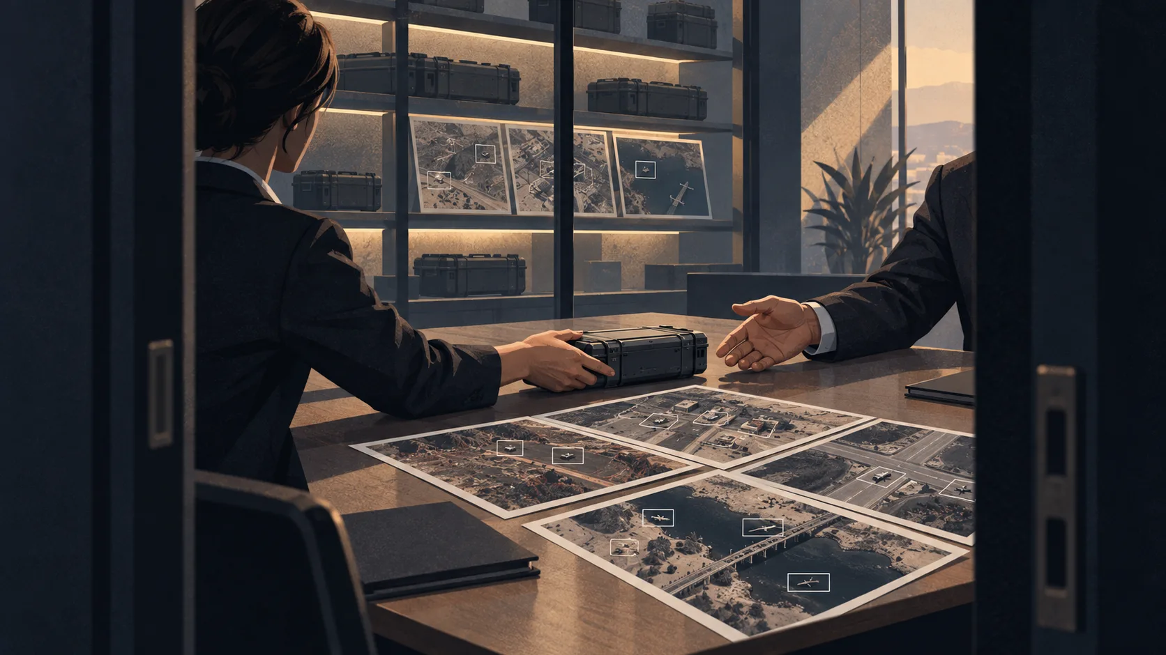 A defense data specialist hands a storage unit to a buyer beside aerial imagery prepared as a combat training dataset.