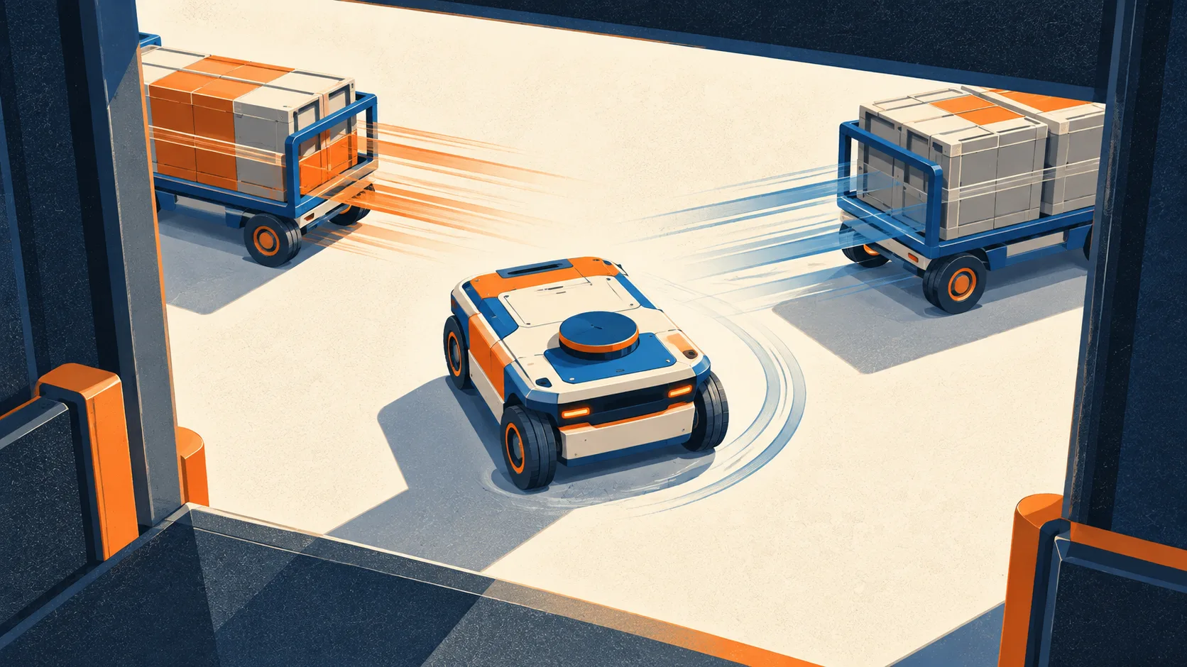 A simulated wheeled robot steers safely between two moving carts crossing its path during collision avoidance training.