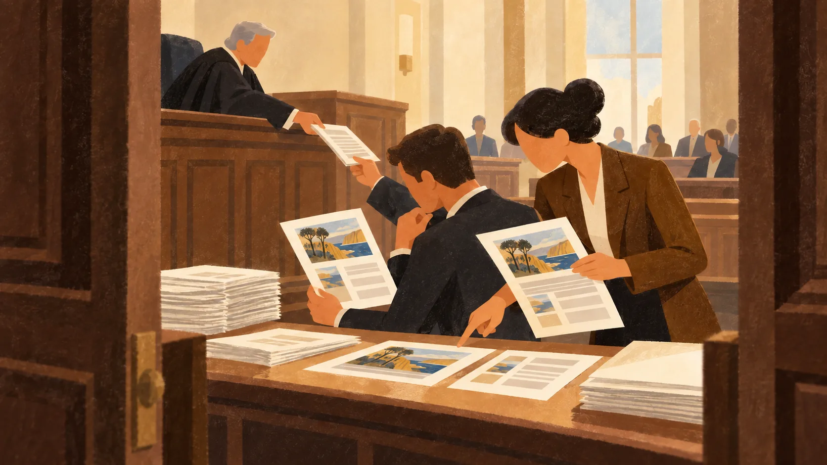 A judge delivers a ruling as lawyers examine printed automated answers alongside the publisher articles used to produce them.