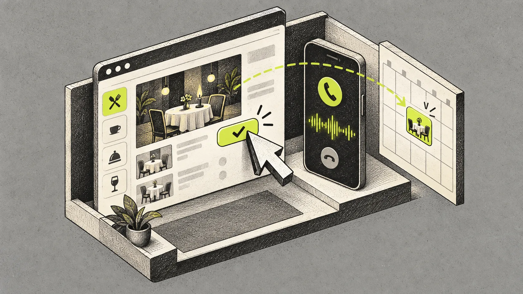 An autonomous assistant uses a virtual phone and browser to arrange a restaurant reservation and add it to a calendar.