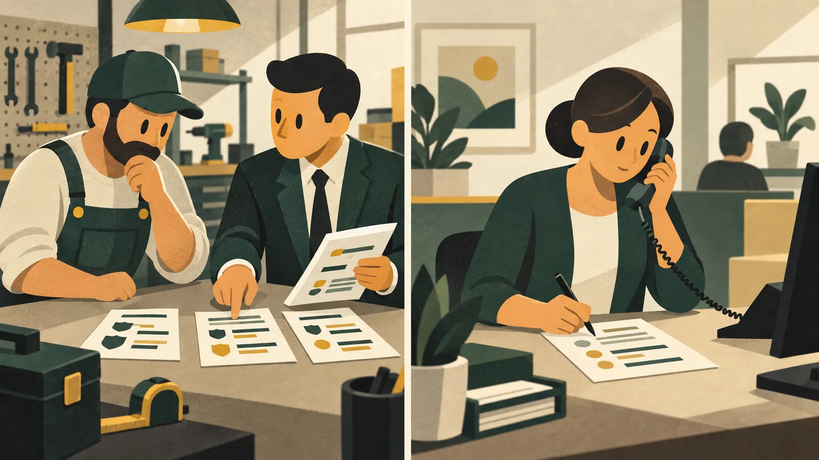 An insurance broker helps a business owner compare coverage while another agent handles a customer service call.