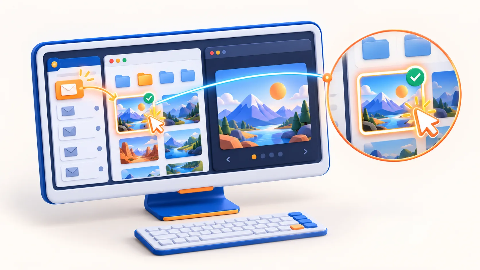 An incoming email triggers a desktop automation that opens an approved local file, with a magnified view of the automated action.