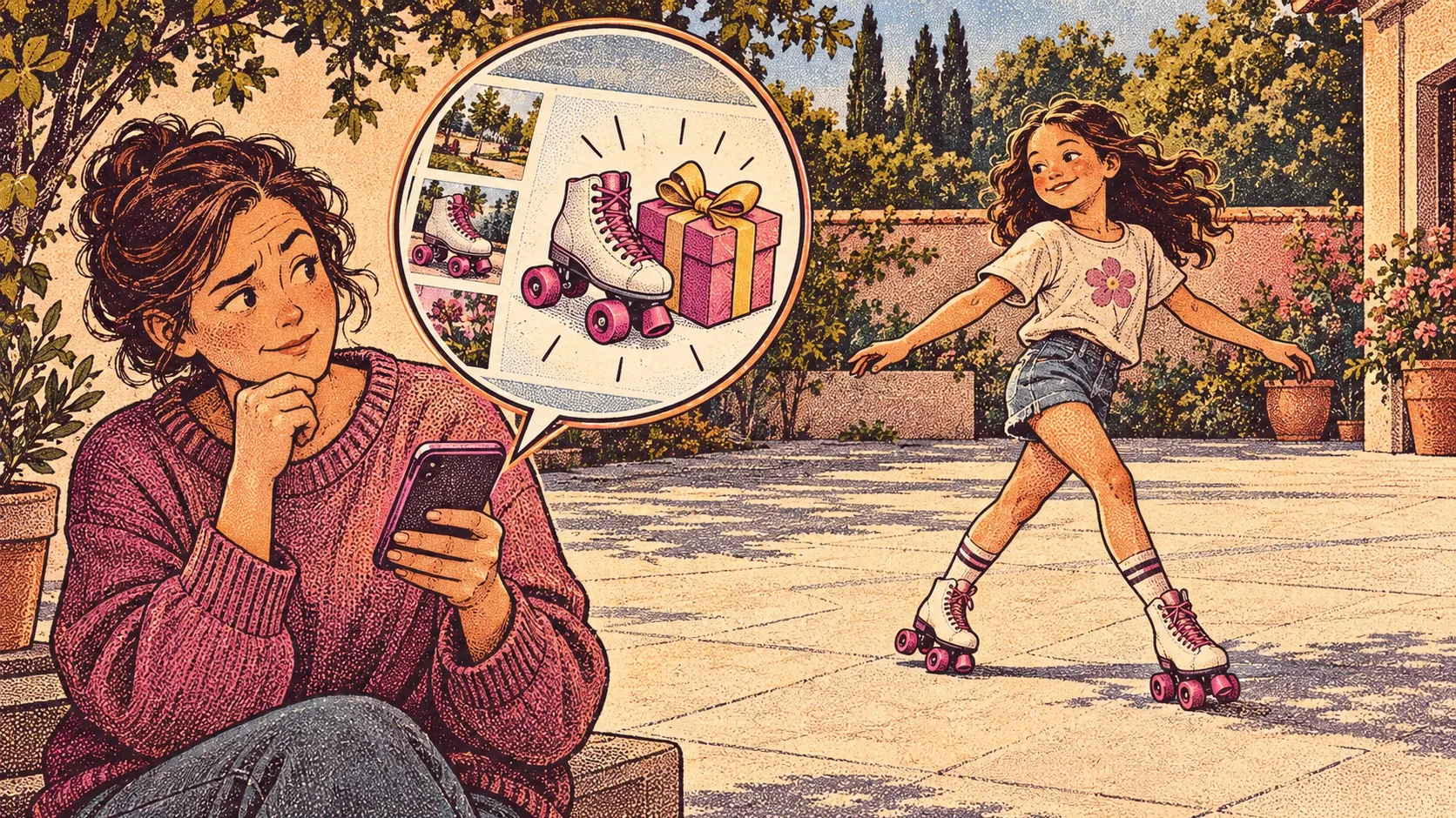 A parent receives a skating-related birthday gift suggestion from an assistant while their daughter confidently roller-skates nearby.