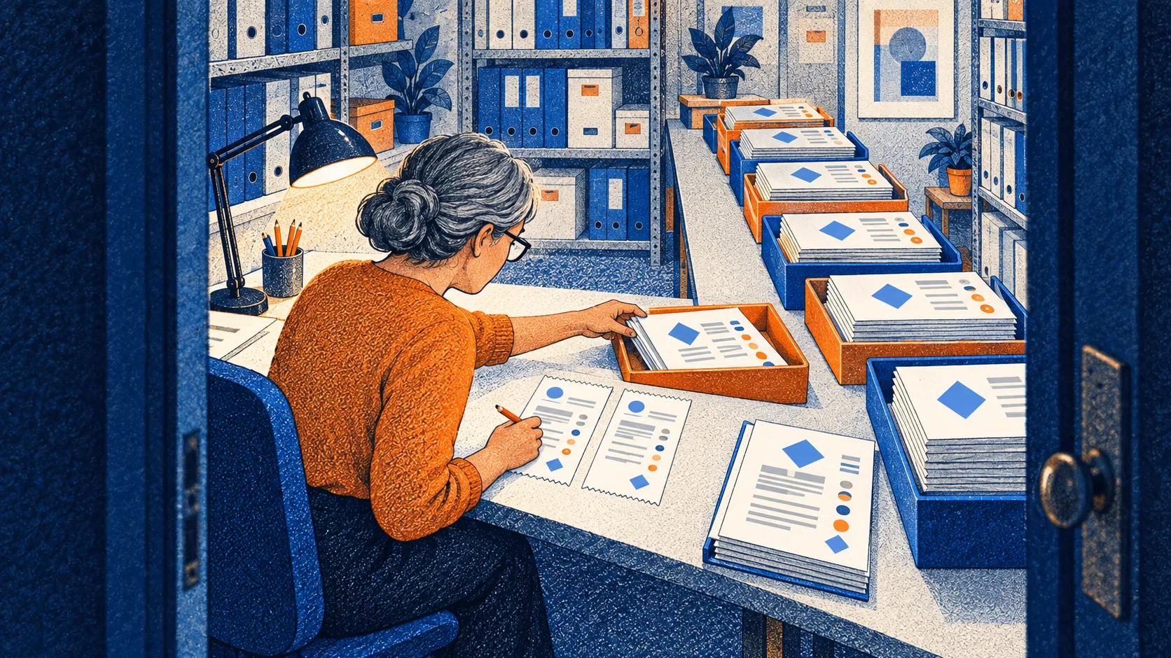 An experienced accountant catches a duplicate receipt in prepared financial records while more documents await her review.