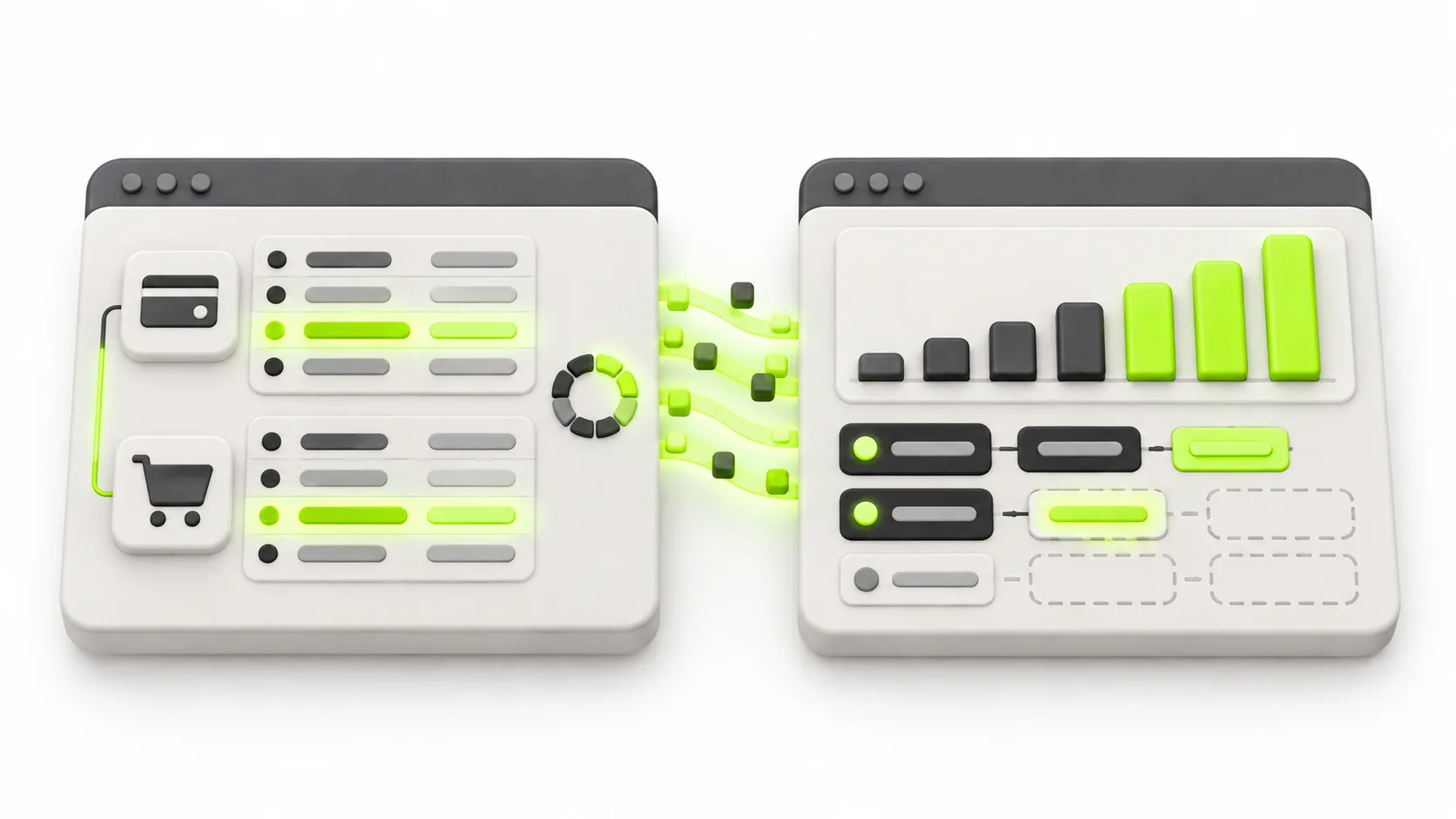 An automated business workspace combines accounting and sales records into a financial report and a draft growth plan.
