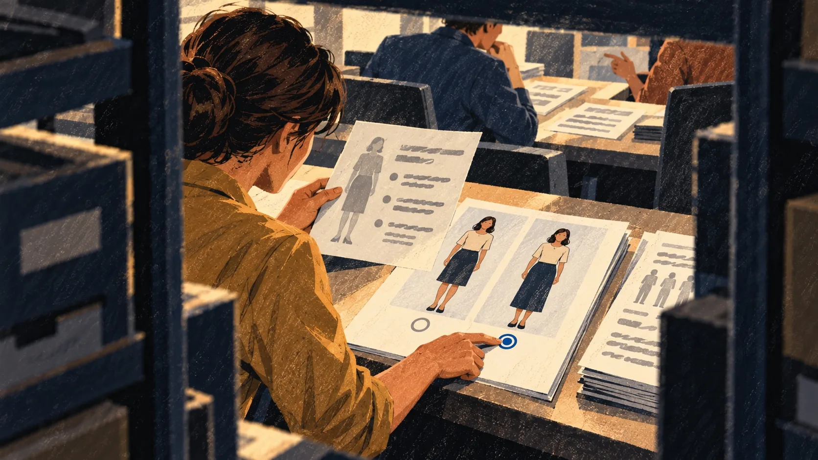 A reporter examines contractor instructions showing paired skirt edits, with selection marks indicating which altered image a reviewer preferred.