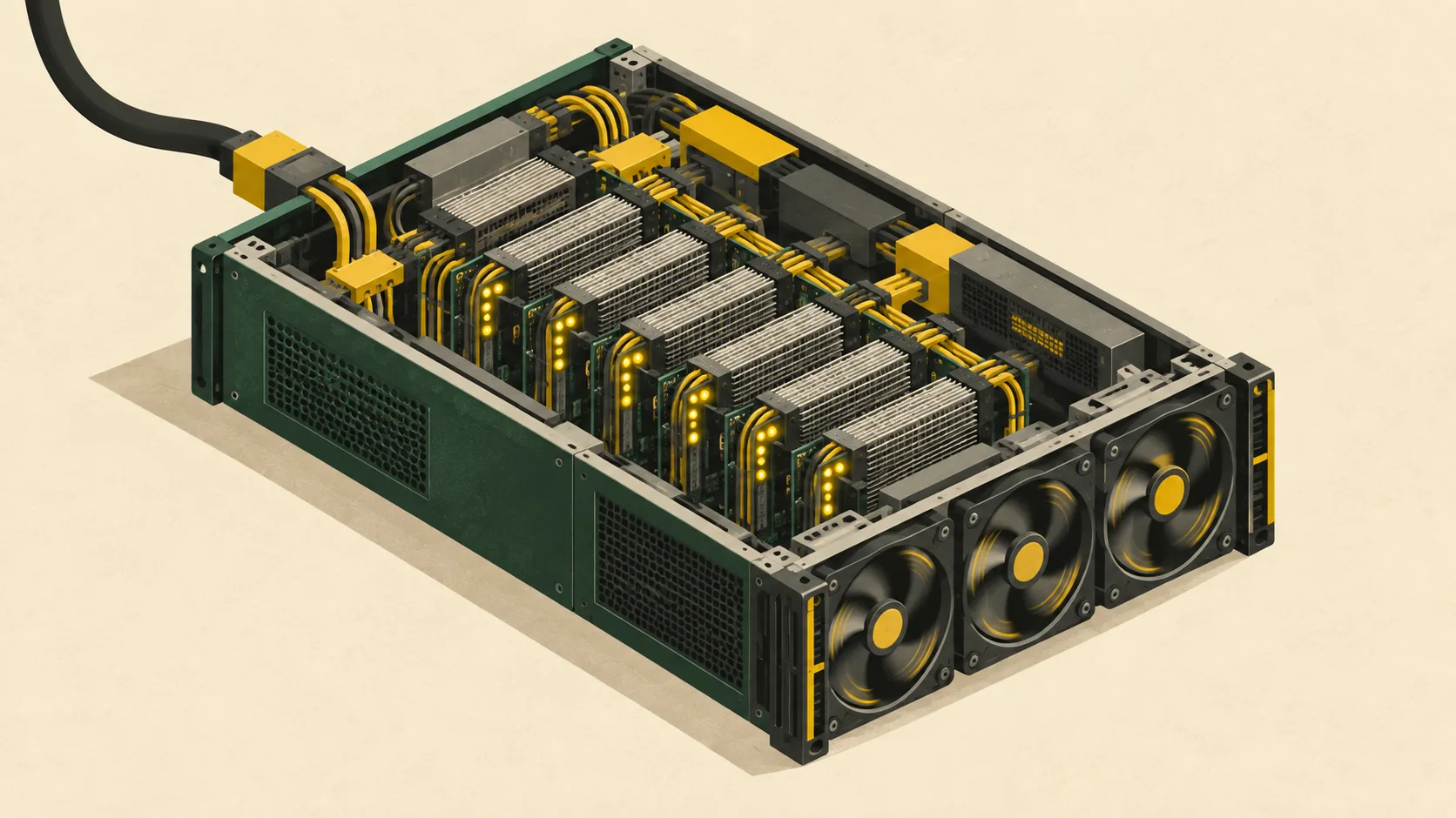 An exposed computing unit runs multiple accelerator boards while large fans cool the densely packed hardware powering artificial intelligence workloads.