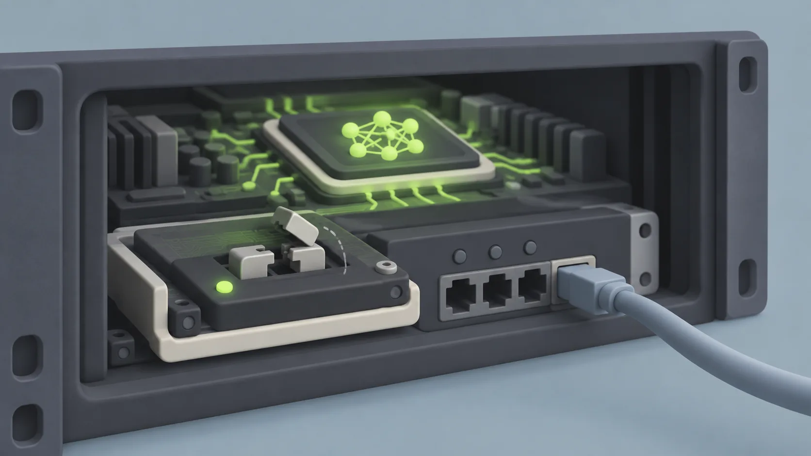 A separate security chip cuts off a running AI processor’s network connection while remaining active on its own circuit board.