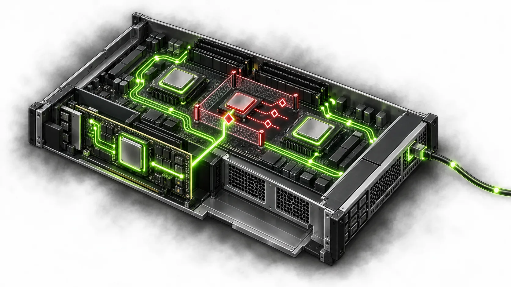 A processing card isolates an agent’s unauthorized activity while other workloads continue running on the connected server.