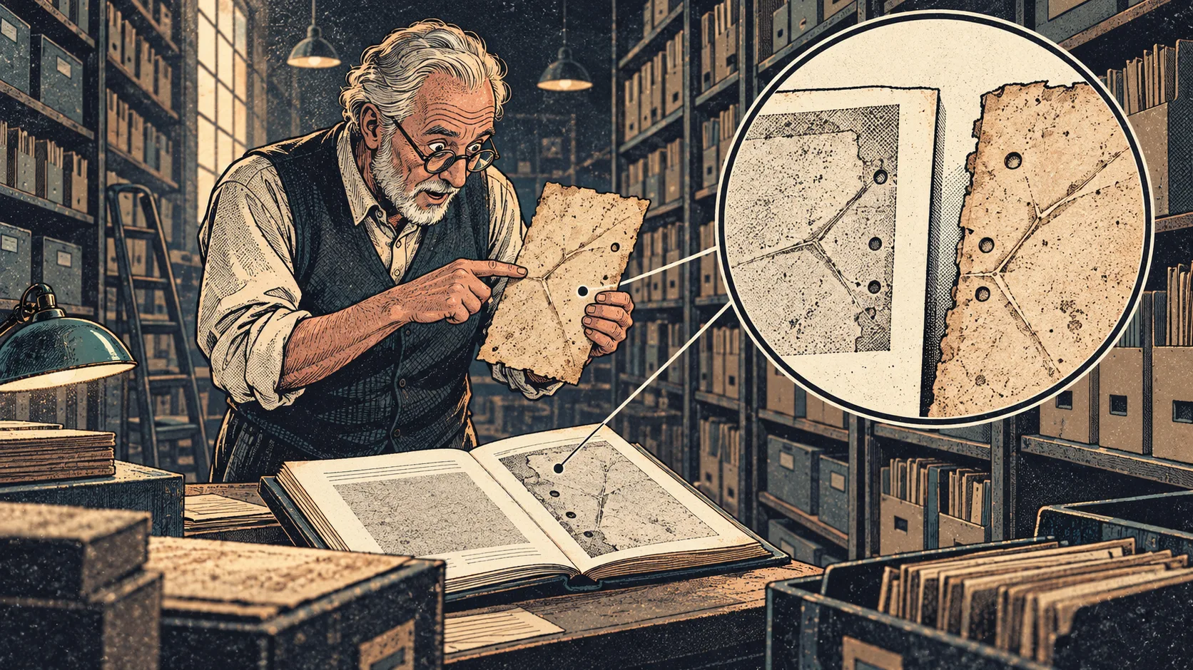 A retired researcher compares an AI research dossier with archival documents, raising his eyebrows as matching source details confirm the findings.