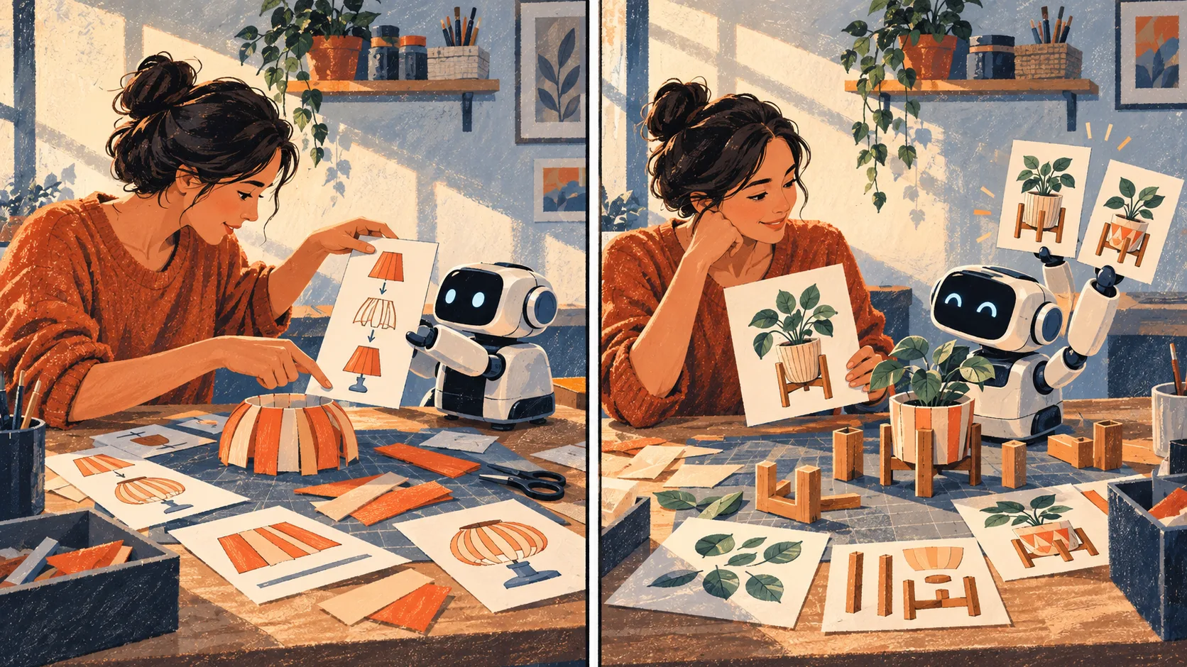 A user painstakingly instructs an earlier assistant, while a newer assistant accepts a brief and independently prepares work and follow-up options.