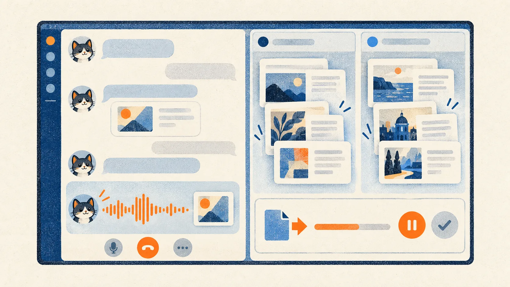 A cartoon assistant continues a voice conversation while researching two projects, with an outgoing file awaiting approval in its workspace.