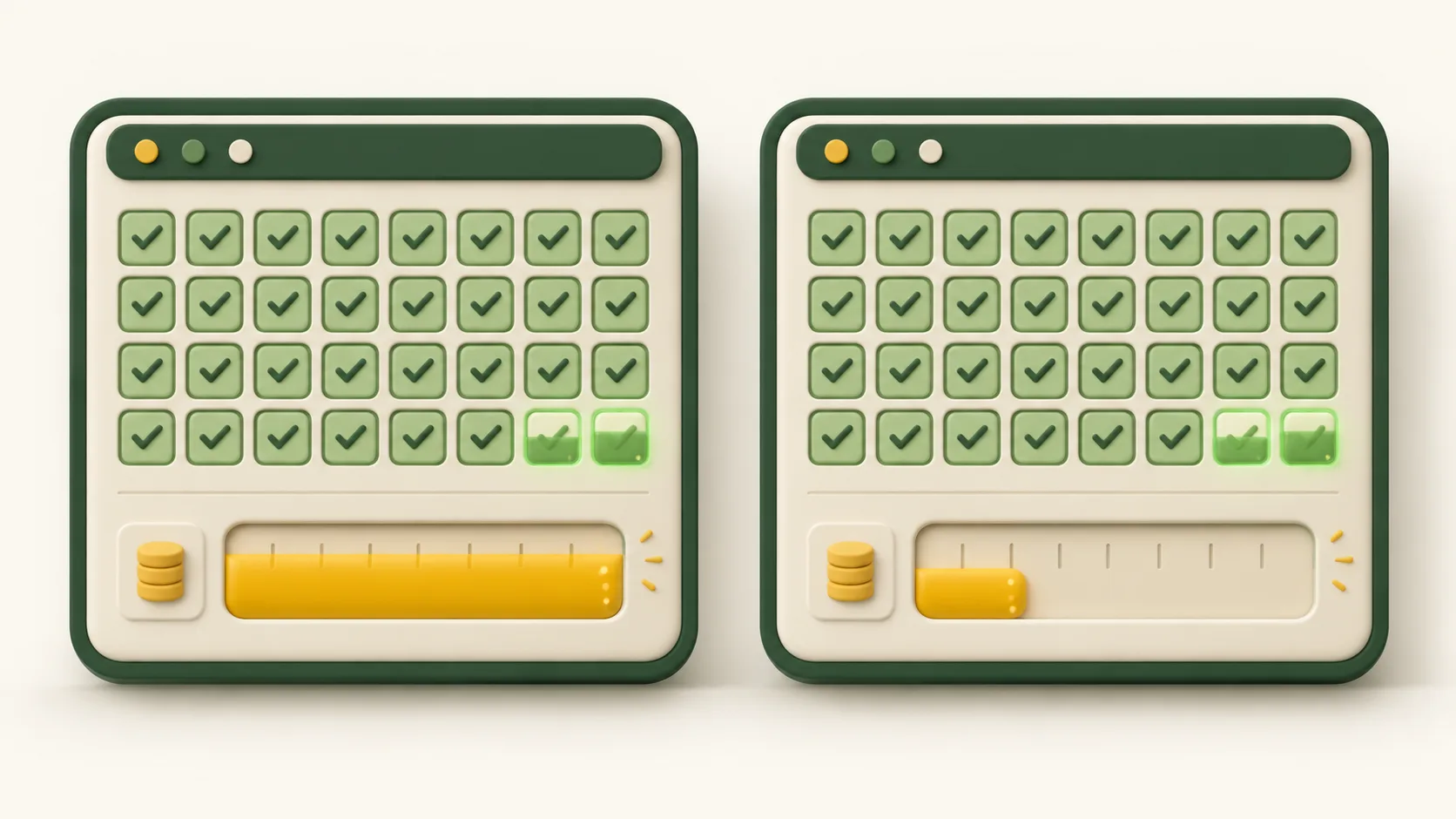 Two automated coding benchmark runs finish with equal successful test counts, while one records about one fifth of the cost.