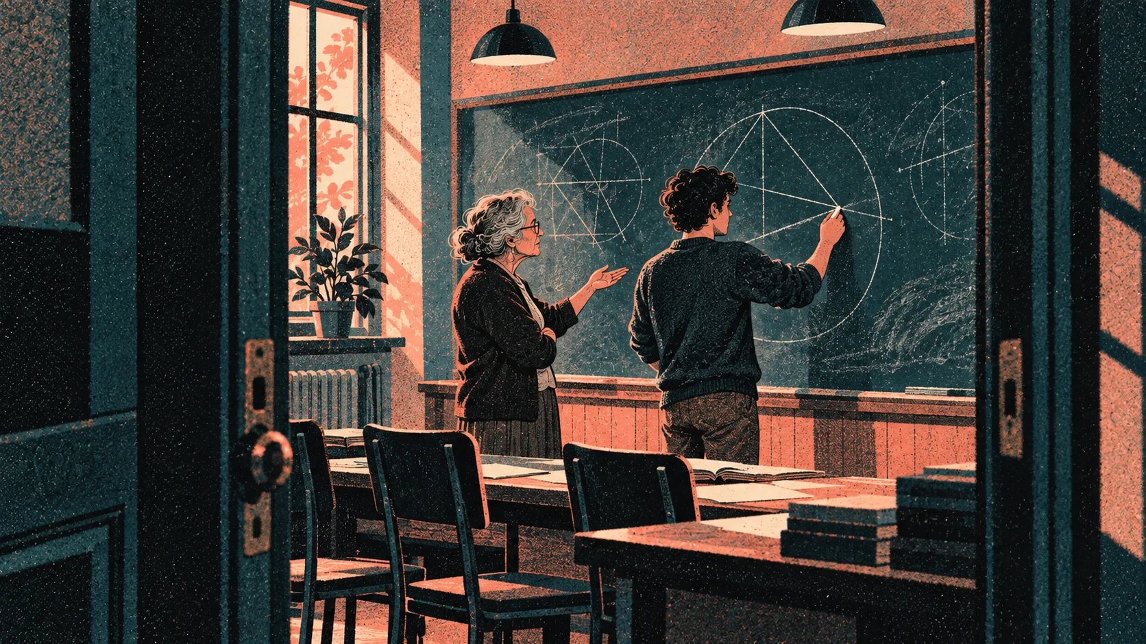 A senior mathematician guides a student through a difficult blackboard construction, leaving the student to work out the next step.