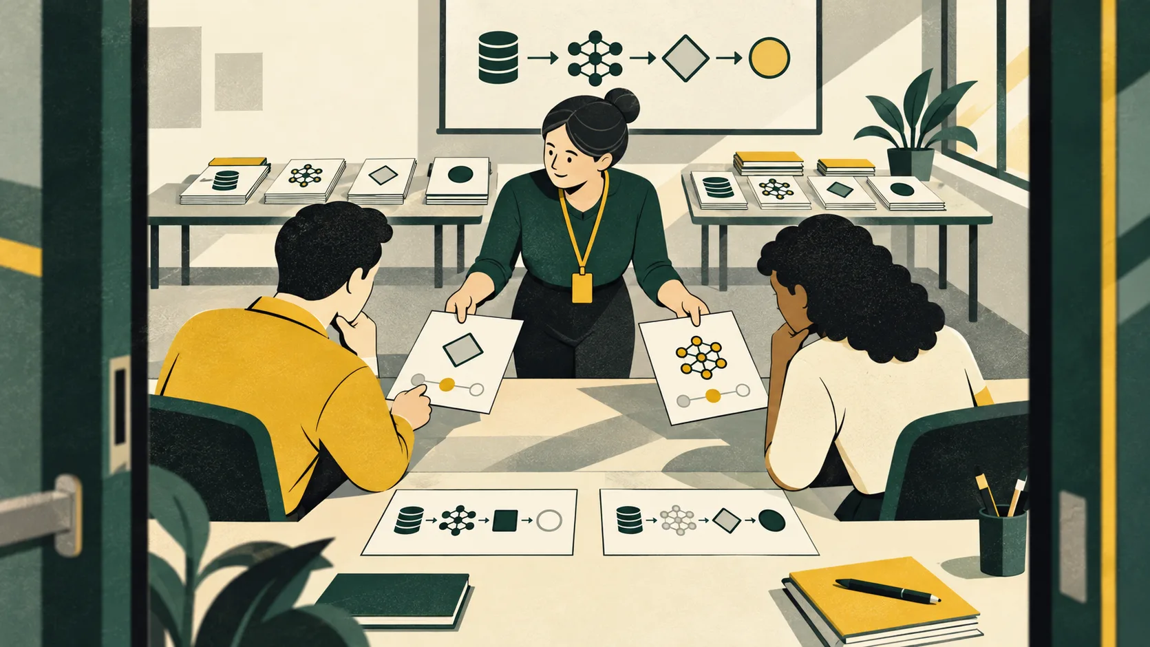 A workplace trainer reviews employees’ completed AI skills assessments and gives each worker different follow-up exercises matched to their results.
