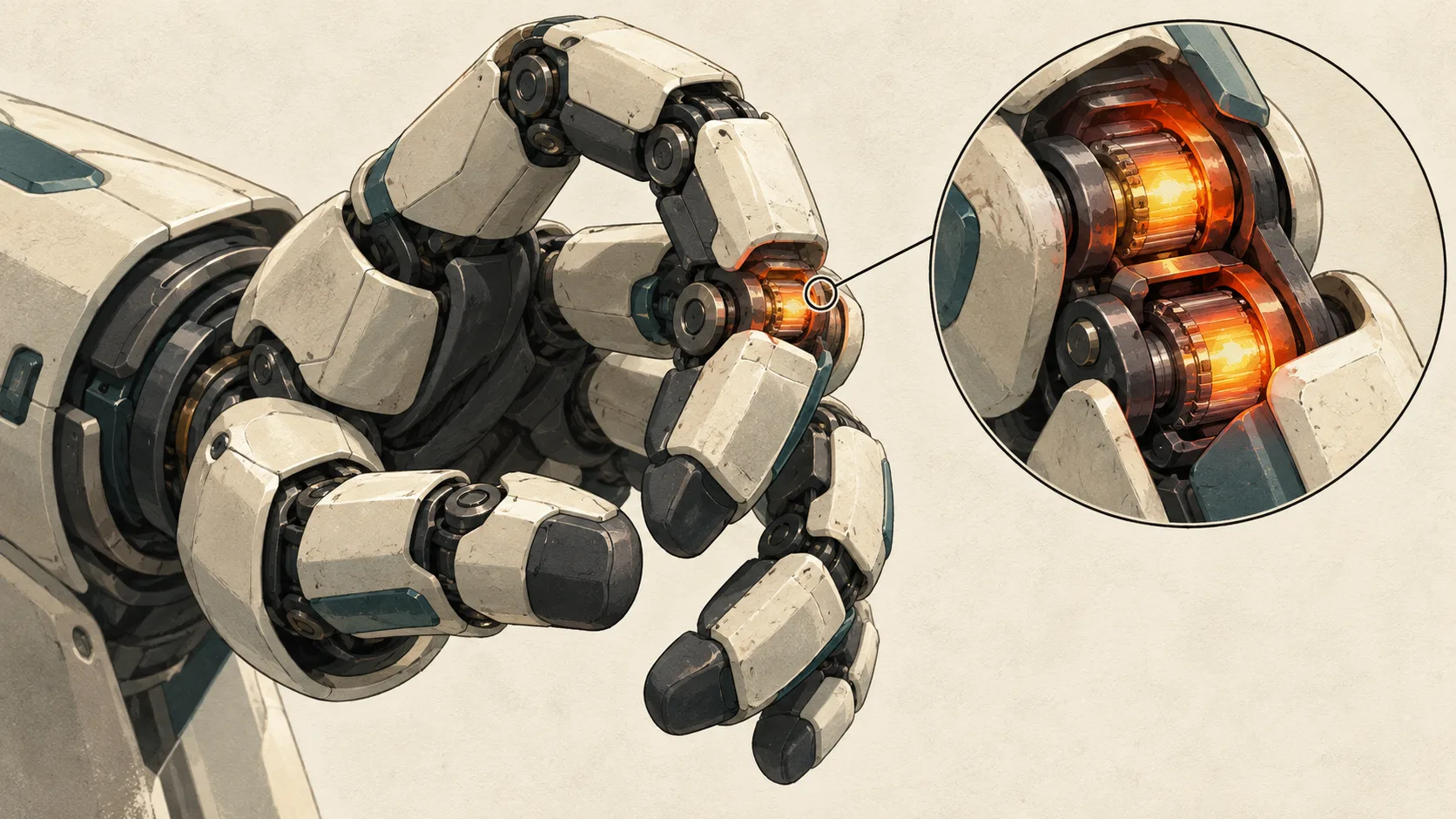 A robotic hand flexes its fingers while a magnified thermal view reveals overheating motors inside the finger joints.