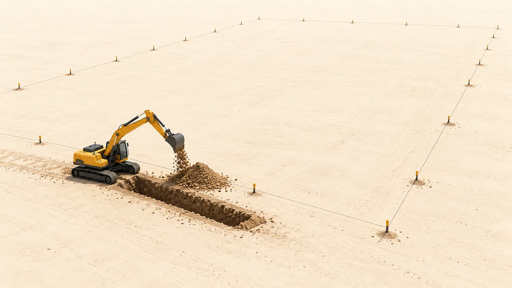 An excavator breaks ground for a large semiconductor packaging facility, leaving a fresh trench and a mound of displaced earth.