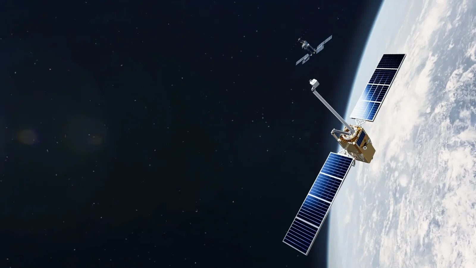 A digital rendering of the Starfish Space Otter spacecraft in orbit above Earth, approaching another satellite.