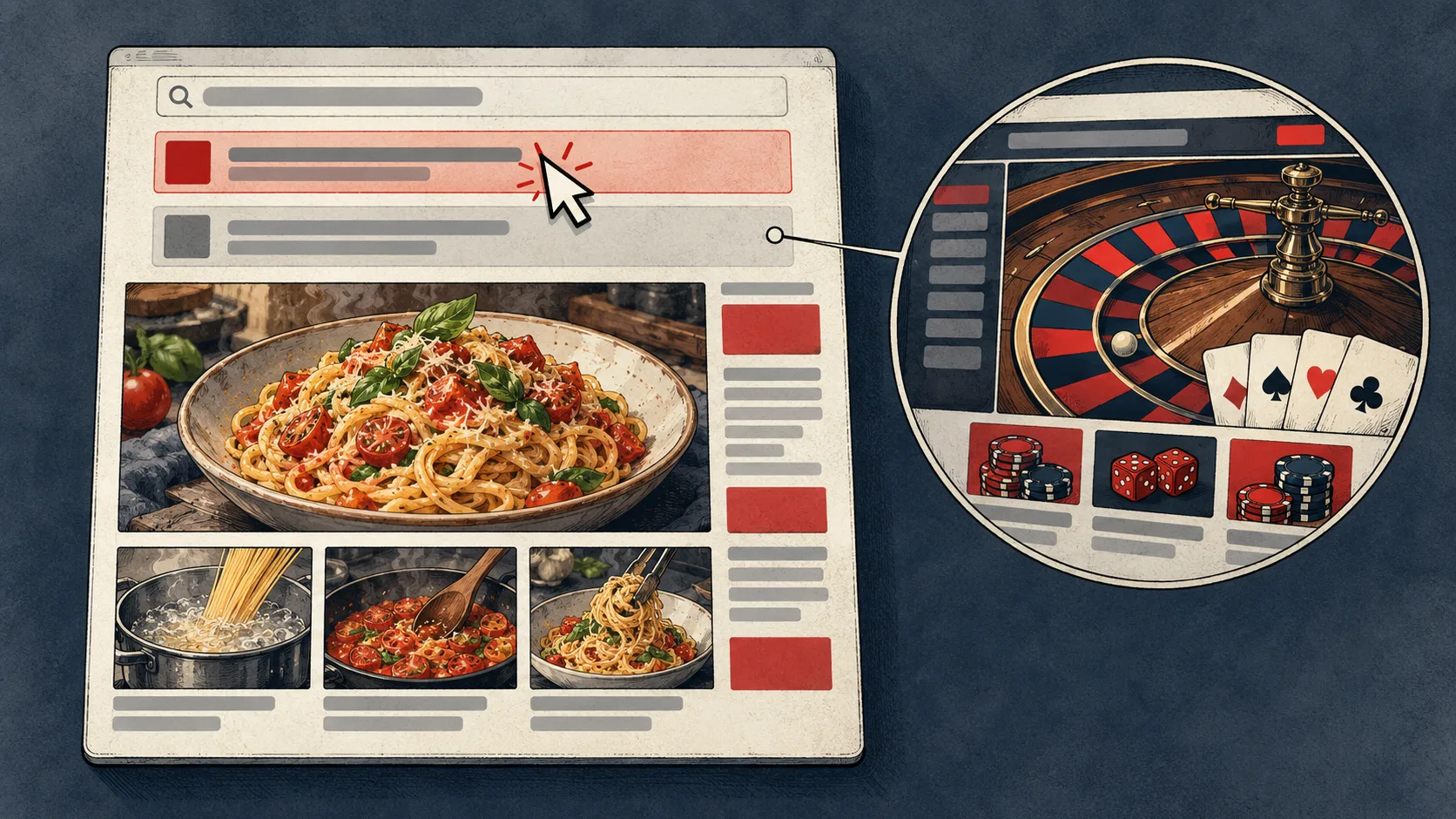 A search result opens a cooking spam page, while an enlarged second result reveals a gambling site.