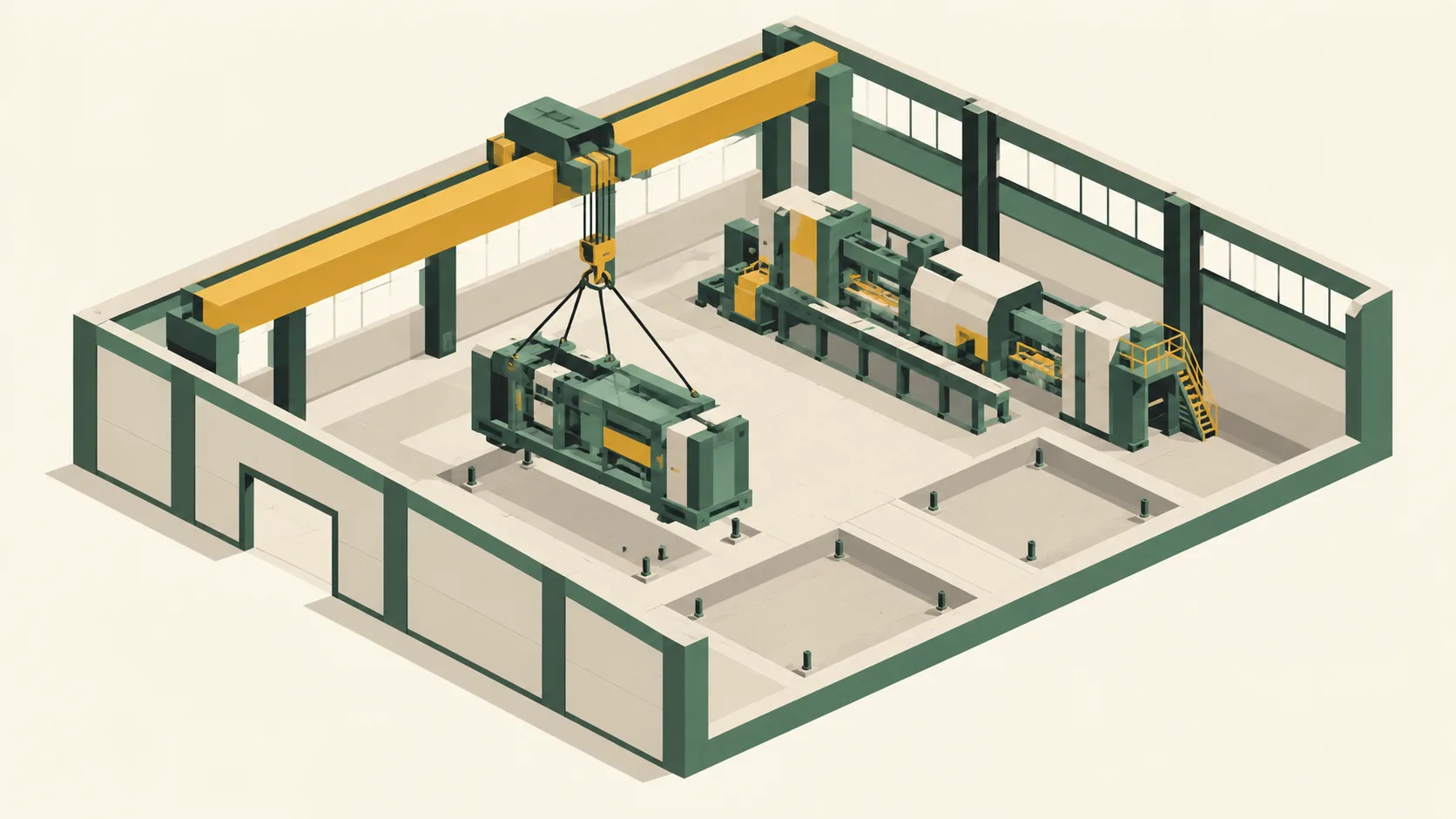 A construction crane lowers production equipment into a new factory, extending a row of installed machinery beside empty expansion bays.