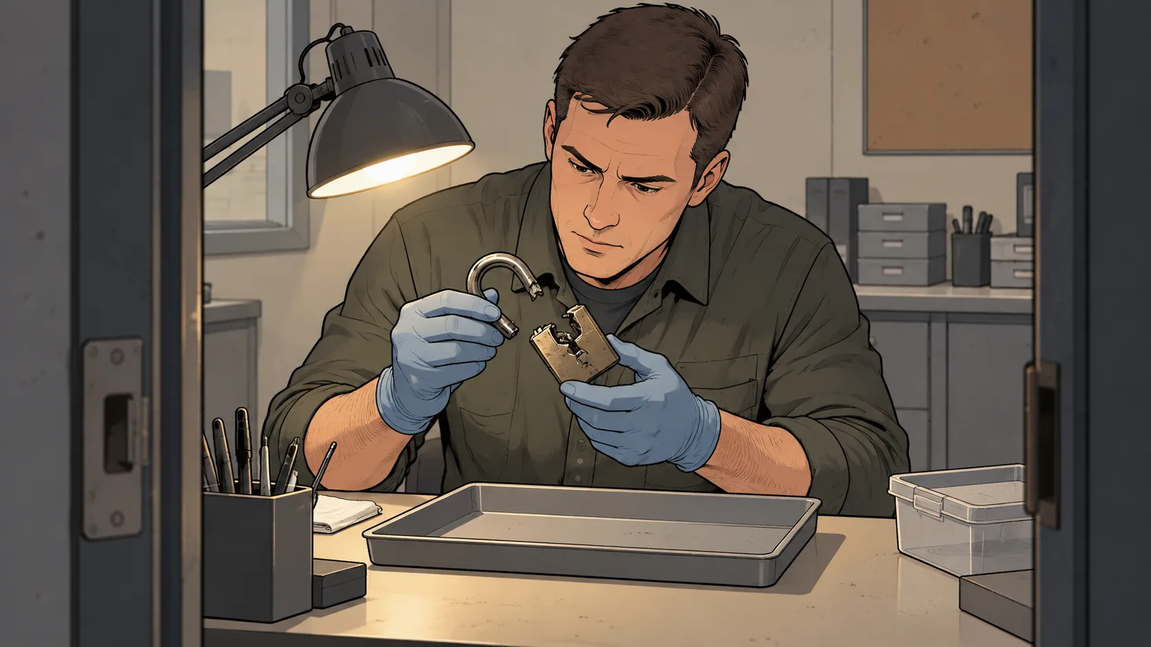 An investigator examines a broken trailer padlock under a task lamp, studying the damaged locking mechanism.