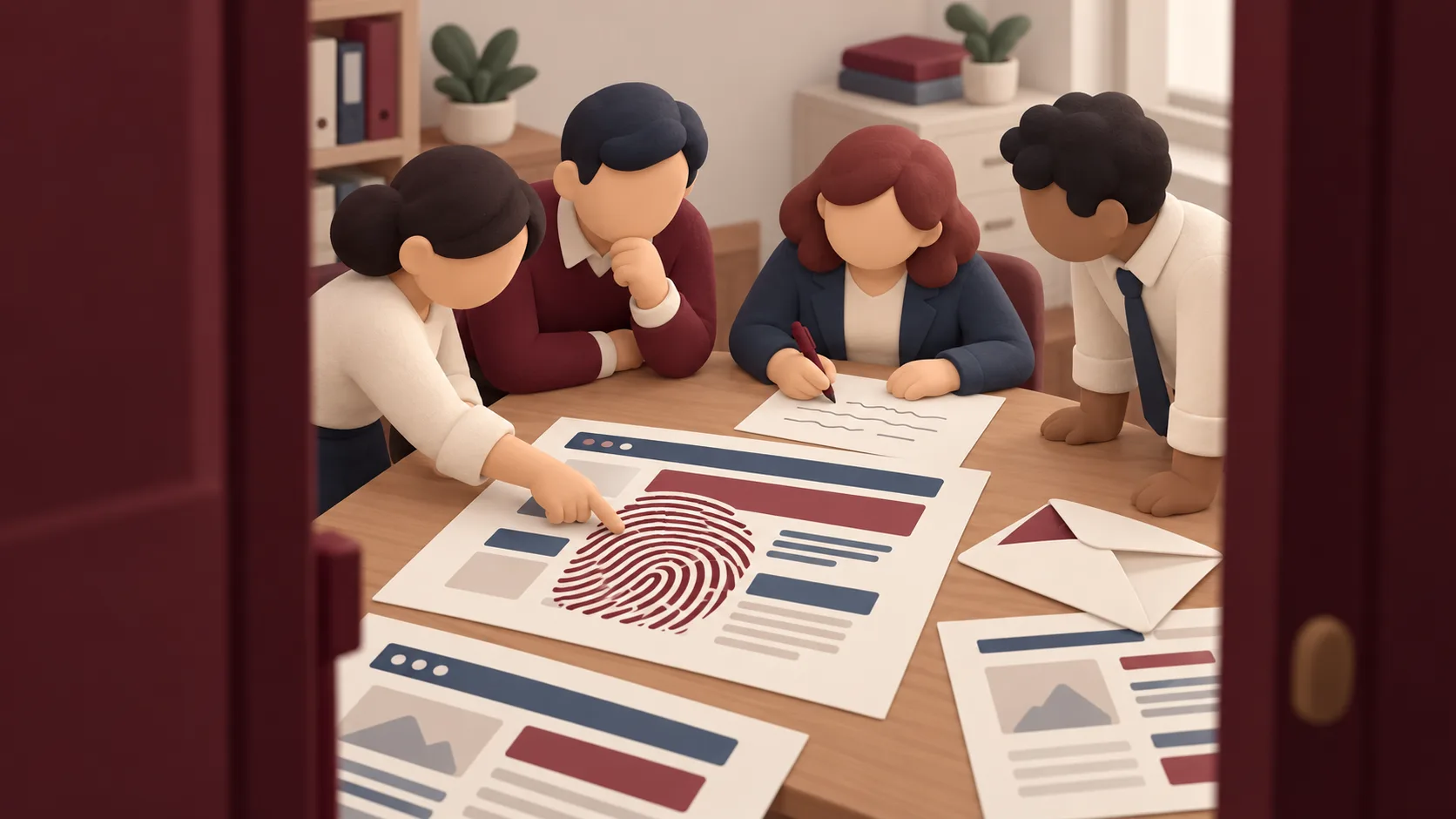 Government web designers prepare a joint letter of concern while pointing to a fingerprint graphic overlapping content in a printed website layout.