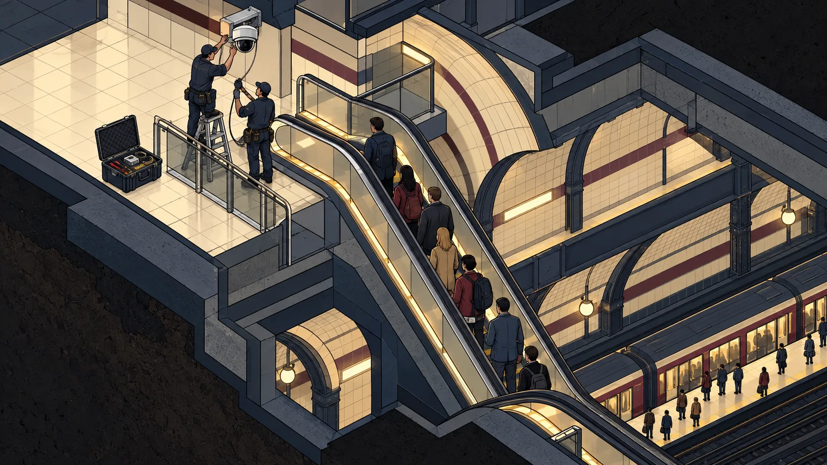 Technicians install surveillance equipment beside an Underground escalator, extending facial recognition into another part of the transport network.