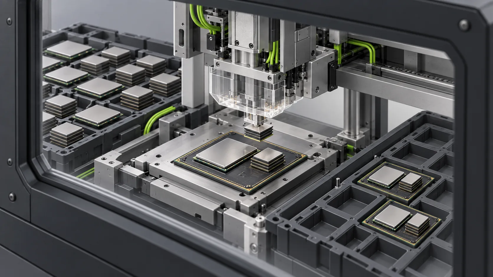 A packaging machine places memory beside an accelerator die while unassembled components queue nearby and only a few completed packages emerge.