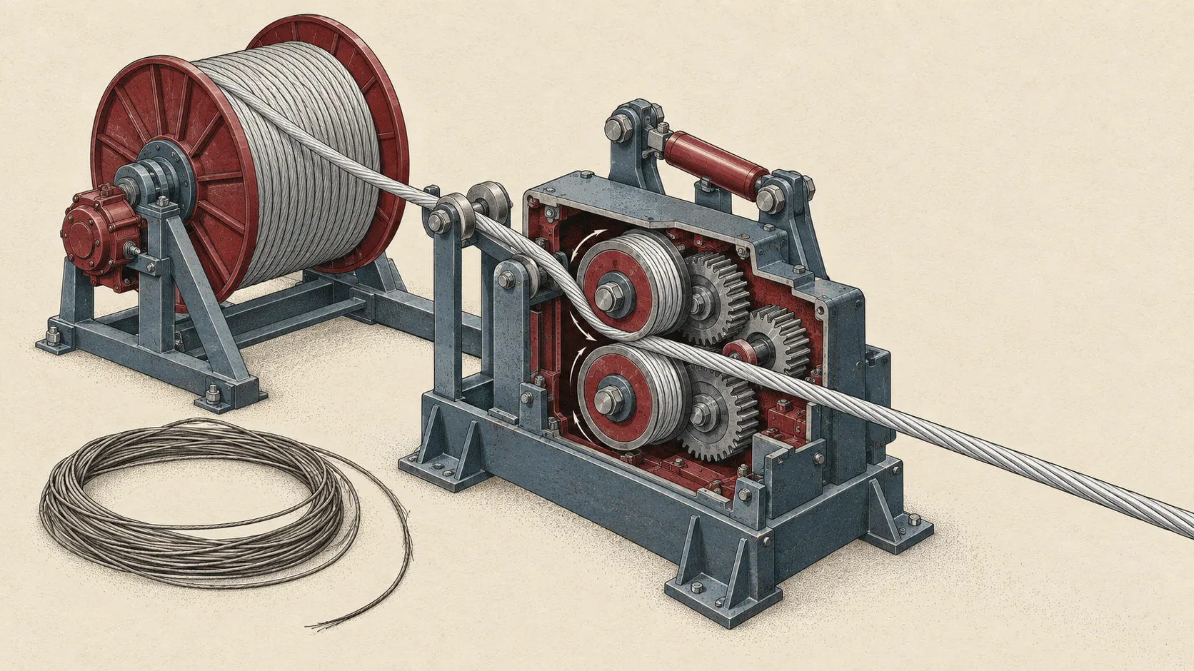 A cable tensioning machine feeds thicker replacement conductor from a reel, with removed transmission wire coiled beside it.
