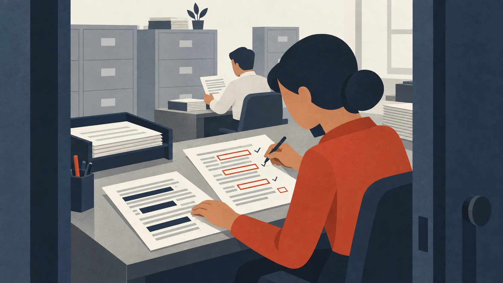 A records officer reviews proposed document redactions, approving some passages for withholding and preserving others for release.