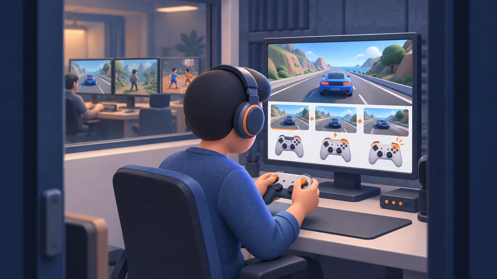 A game studio worker records controller inputs alongside driving gameplay, assembling synchronized examples for an artificial intelligence training dataset.