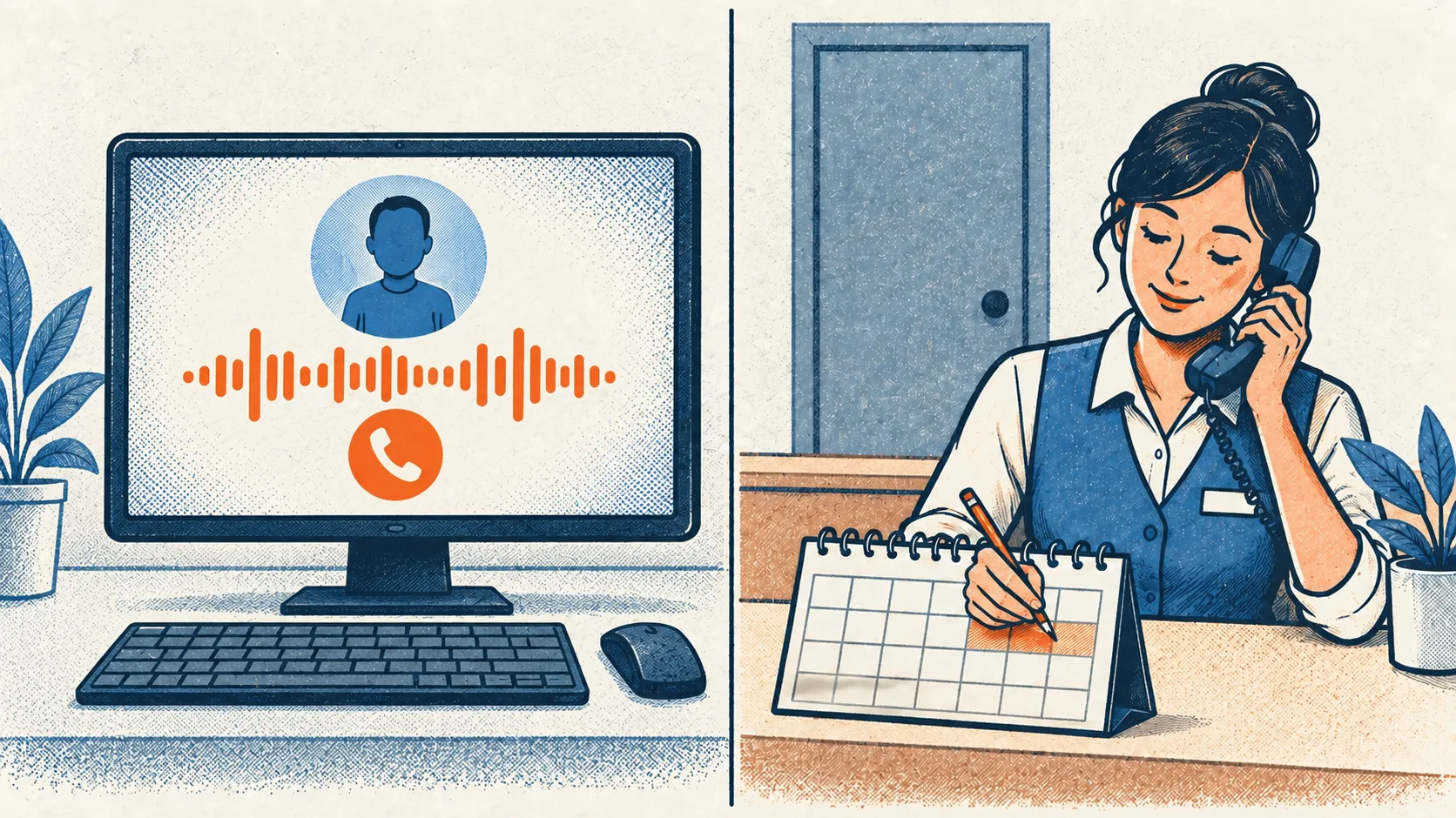 An AI agent calls a receptionist, who records an appointment in a desk calendar while speaking into a telephone.