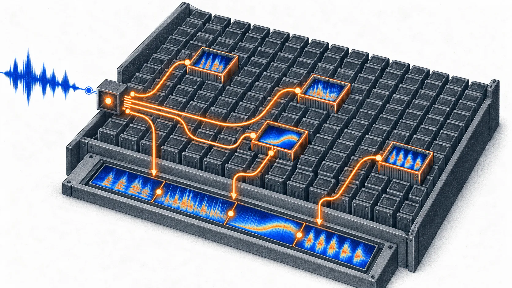 An audio processing system selects specialized models from a large library and combines their analyses into one result.