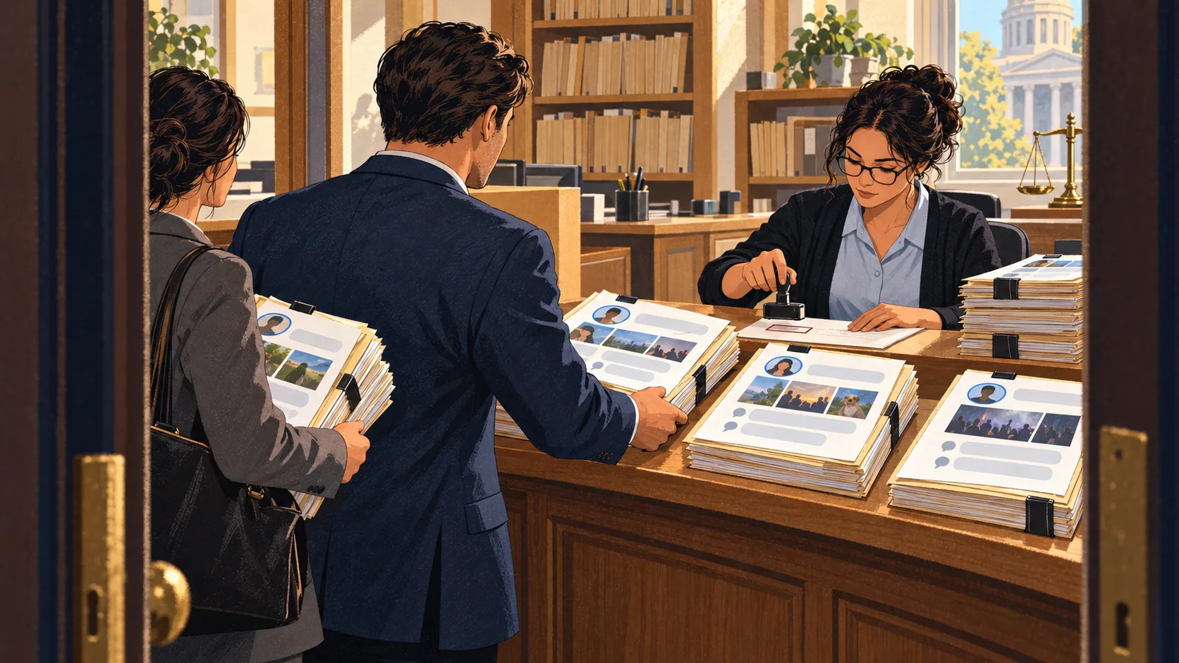 Lawyers submit several lawsuits at a courthouse counter, with social media interface images attached as supporting exhibits.