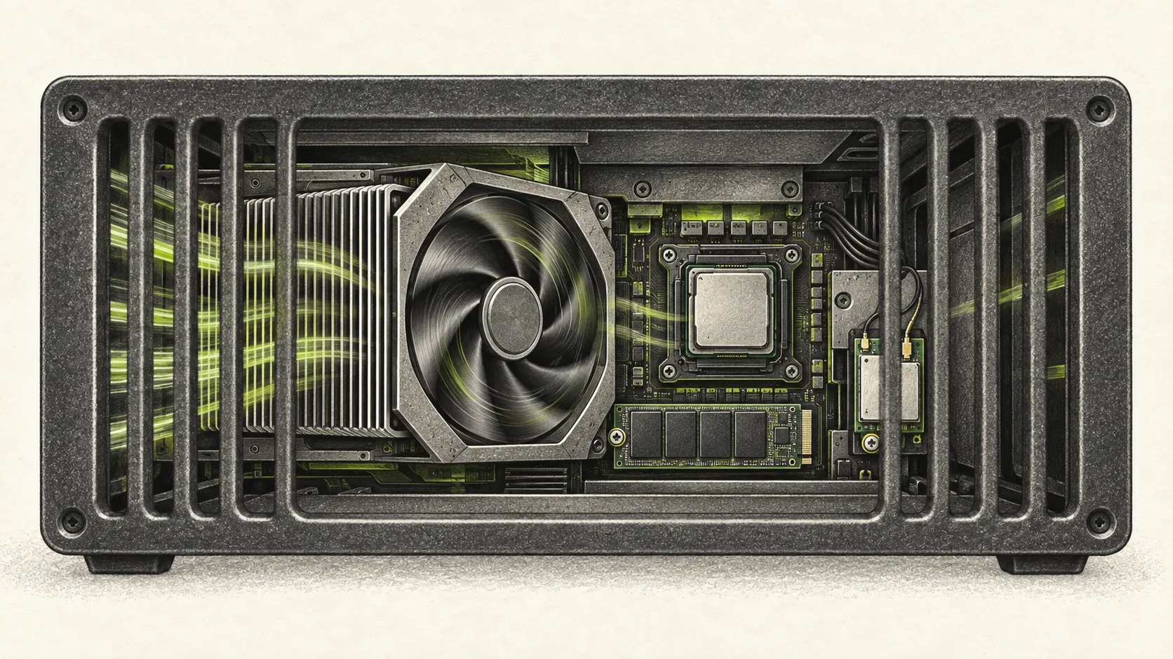 Inside a wireless graphics unit, a cooling fan spins beside a graphics card, processor, storage stick and wireless module.