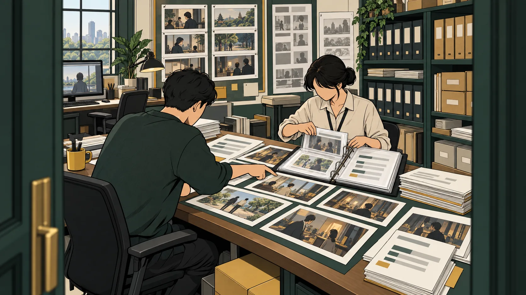 Drama production employees select generated frames and preserve revised scripts and production drafts as records of their creative decisions.