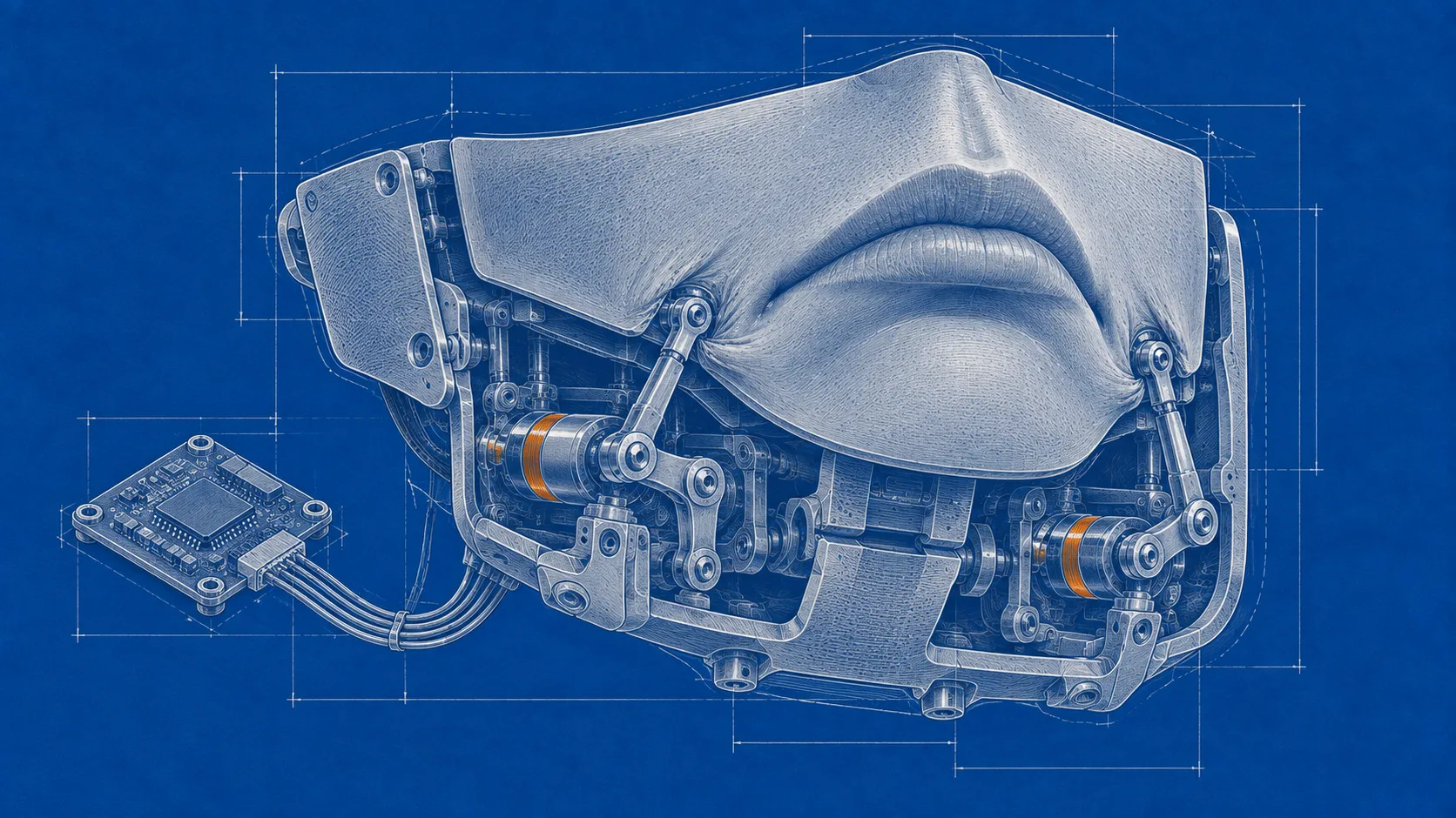 Servo linkages beneath a silicone facial panel pull the mouth corners downward to produce a sad expression.