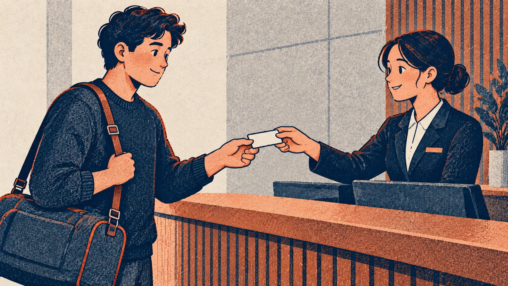 A traveler at a reception desk reaches out to accept a key card from a clerk.